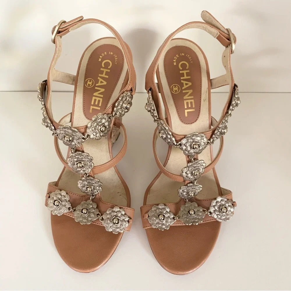 Chanel cc logo camellia charm sandal wedges